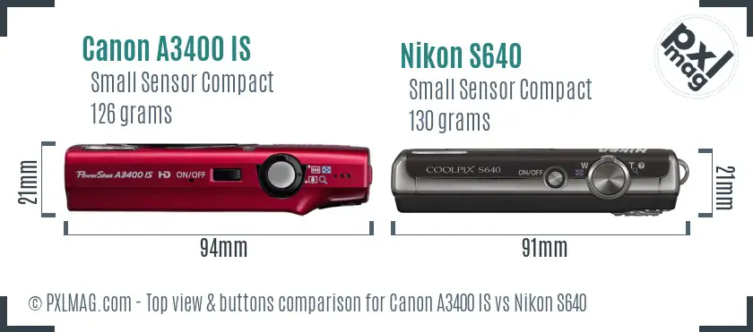 Canon A3400 IS vs Nikon S640 top view buttons comparison