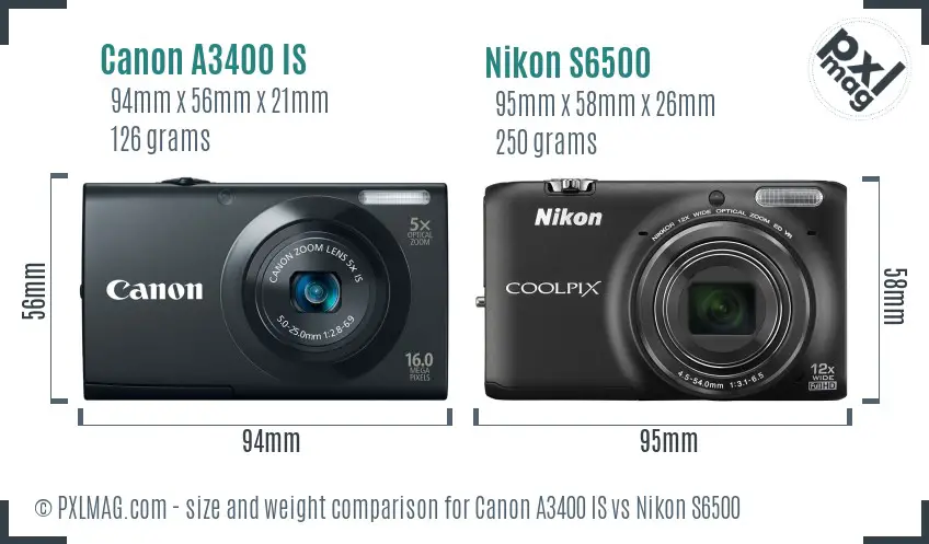 Canon A3400 IS vs Nikon S6500 size comparison