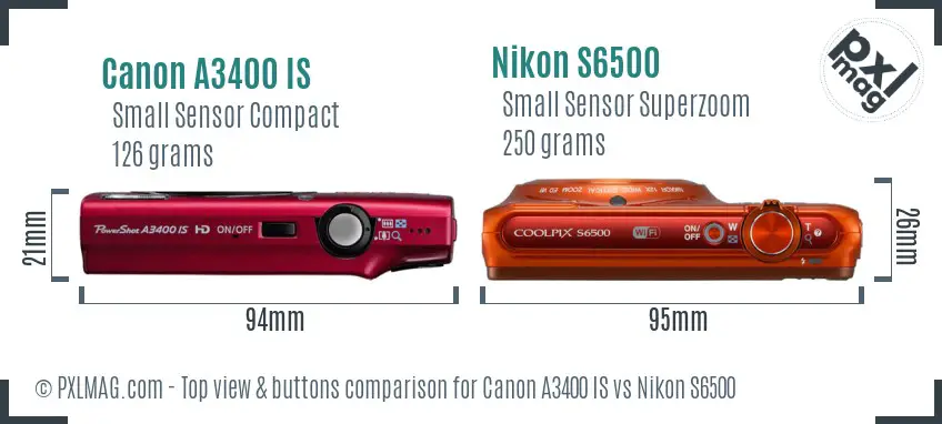 Canon A3400 IS vs Nikon S6500 top view buttons comparison