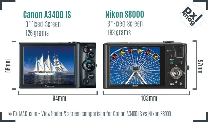 Canon A3400 IS vs Nikon S8000 Screen and Viewfinder comparison