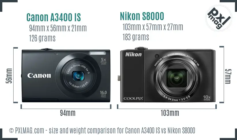 Canon A3400 IS vs Nikon S8000 size comparison