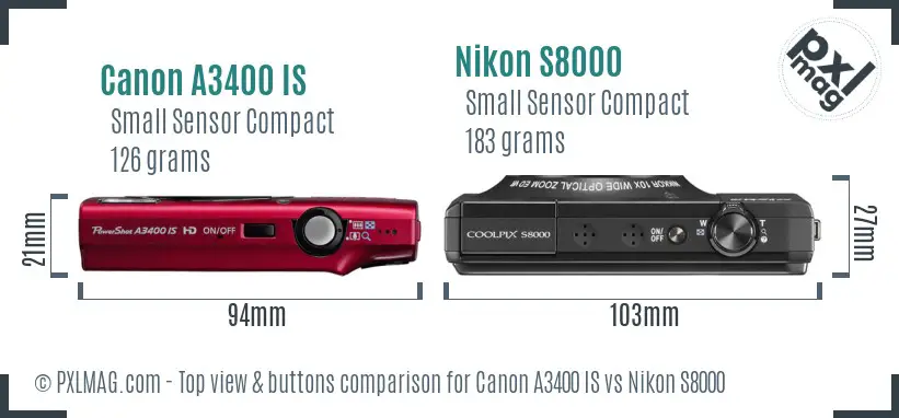 Canon A3400 IS vs Nikon S8000 top view buttons comparison