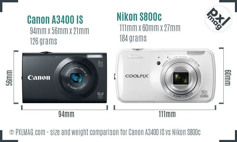 Canon A3400 IS vs Nikon S800c size comparison
