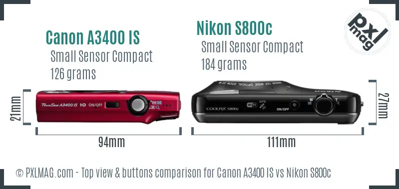 Canon A3400 IS vs Nikon S800c top view buttons comparison