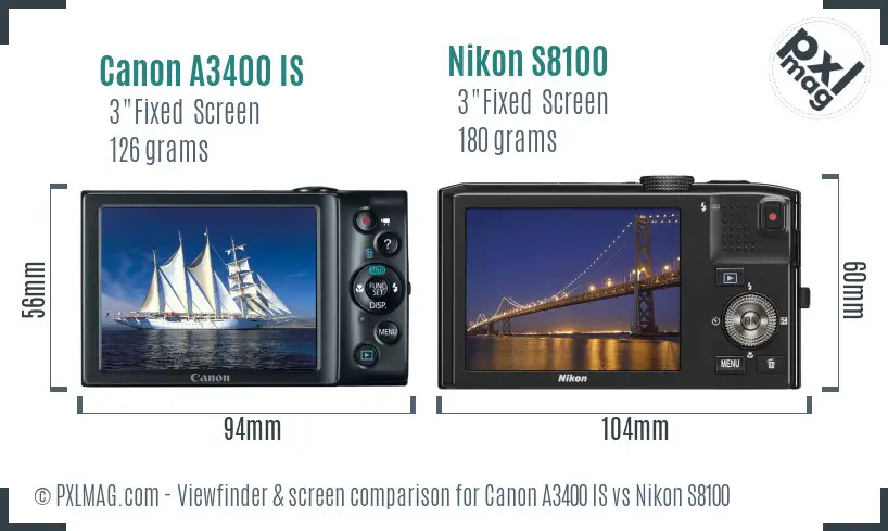 Canon A3400 IS vs Nikon S8100 Screen and Viewfinder comparison