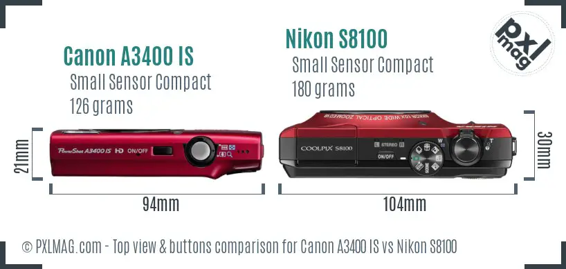 Canon A3400 IS vs Nikon S8100 top view buttons comparison