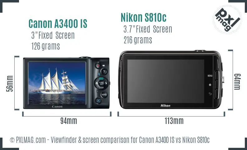 Canon A3400 IS vs Nikon S810c Screen and Viewfinder comparison