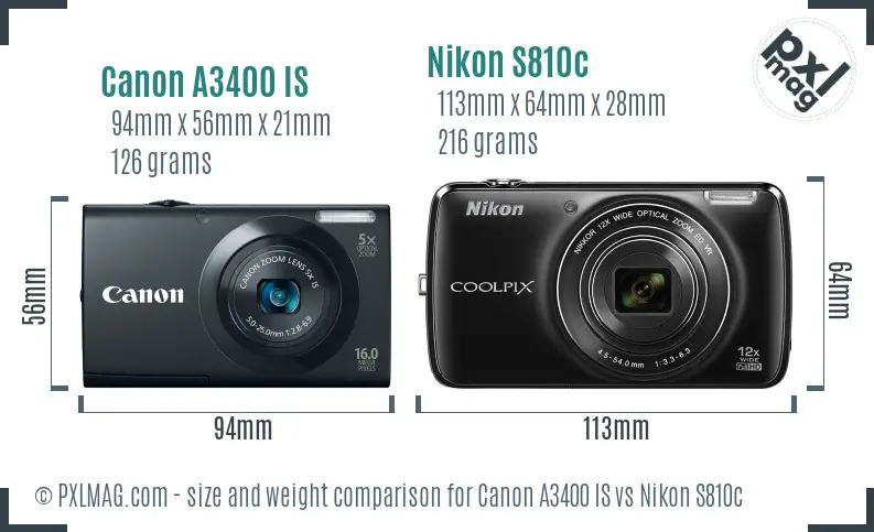 Canon A3400 IS vs Nikon S810c size comparison