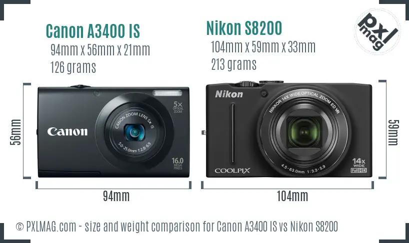 Canon A3400 IS vs Nikon S8200 size comparison
