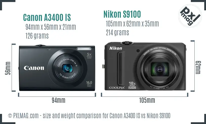 Canon A3400 IS vs Nikon S9100 size comparison Canon A3400 IS vs Nikon S9100 size comparison