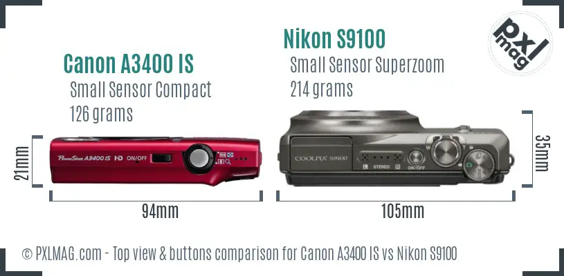 Canon A3400 IS vs Nikon S9100 top view buttons comparison Canon A3400 IS vs Nikon S9100 top view buttons comparison