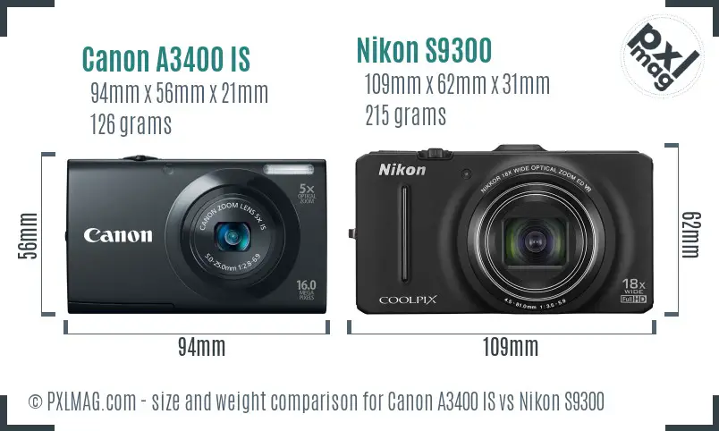 Canon A3400 IS vs Nikon S9300 size comparison