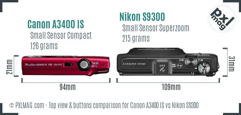 Canon A3400 IS vs Nikon S9300 top view buttons comparison