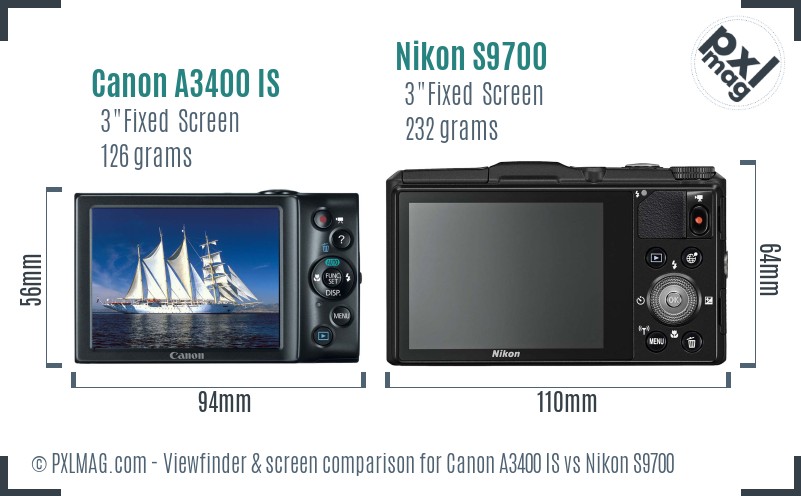 Canon A3400 IS vs Nikon S9700 Screen and Viewfinder comparison