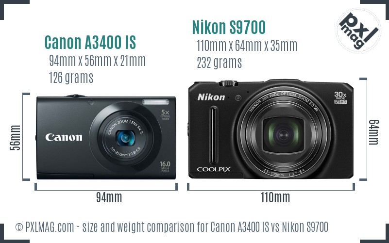 Canon A3400 IS vs Nikon S9700 size comparison Canon A3400 IS vs Nikon S9700 size comparison
