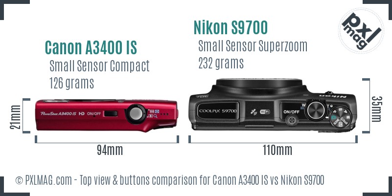 Canon A3400 IS vs Nikon S9700 top view buttons comparison