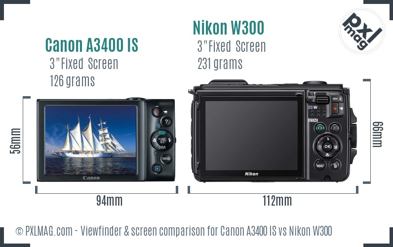 Canon A3400 IS vs Nikon W300 Screen and Viewfinder comparison