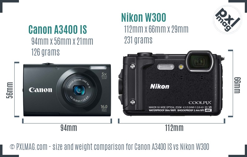 Canon A3400 IS vs Nikon W300 size comparison