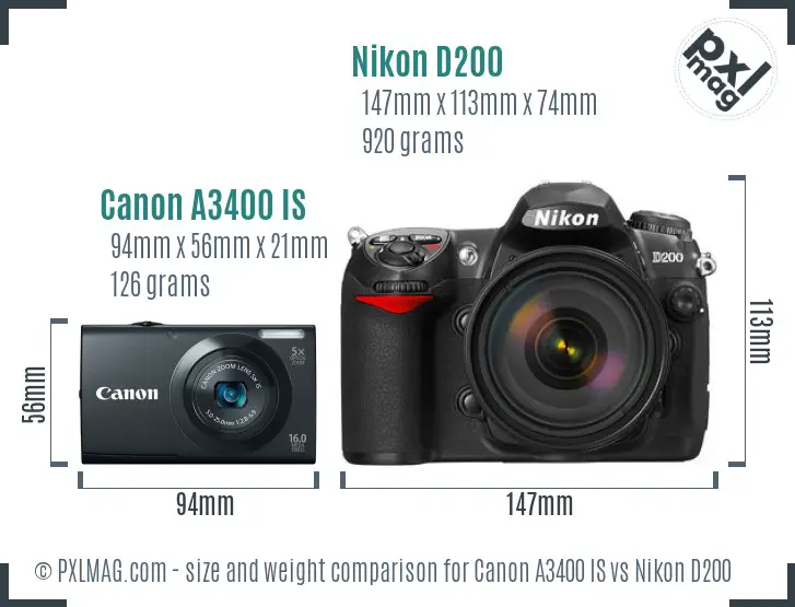 Canon A3400 IS vs Nikon D200 size comparison