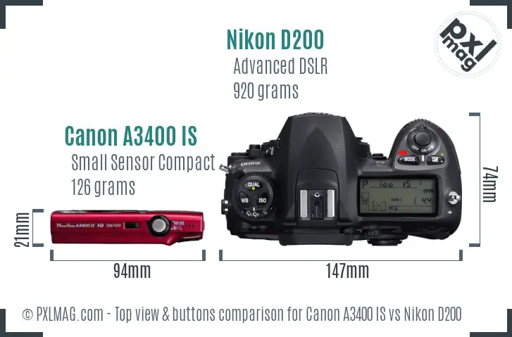 Canon A3400 IS vs Nikon D200 top view buttons comparison