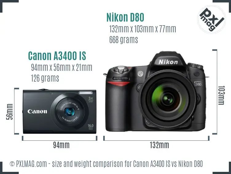 Canon A3400 IS vs Nikon D80 size comparison
