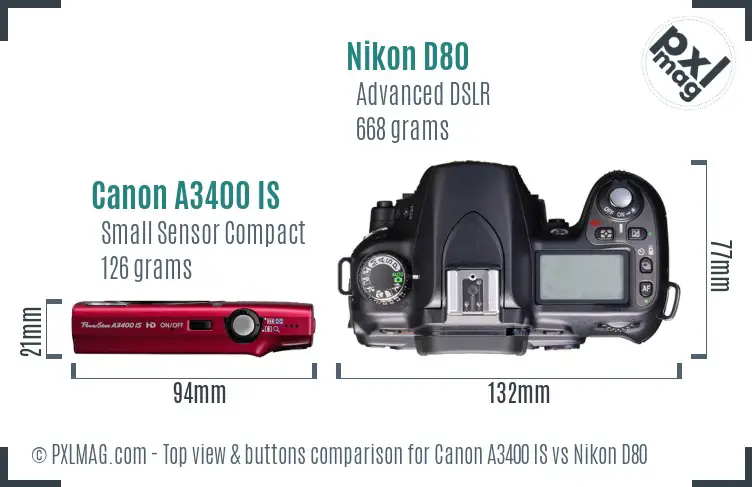 Canon A3400 IS vs Nikon D80 top view buttons comparison