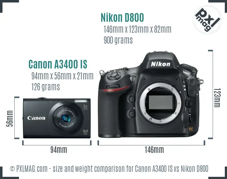 Canon A3400 IS vs Nikon D800 size comparison
