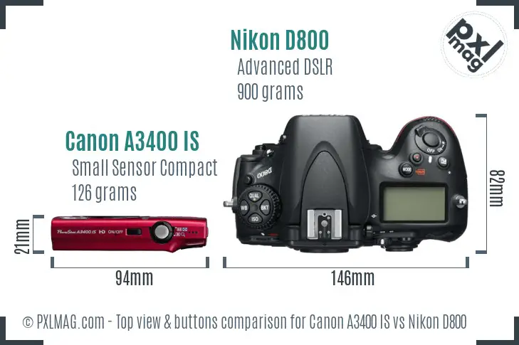Canon A3400 IS vs Nikon D800 top view buttons comparison
