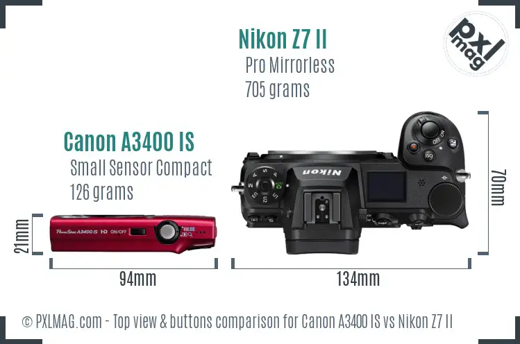 Canon A3400 IS vs Nikon Z7 II top view buttons comparison