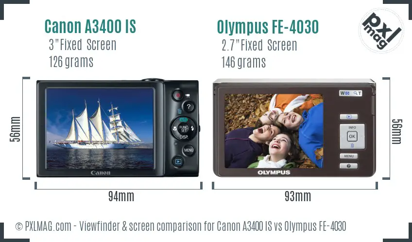 Canon A3400 IS vs Olympus FE-4030 Screen and Viewfinder comparison