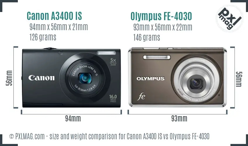 Canon A3400 IS vs Olympus FE-4030 size comparison