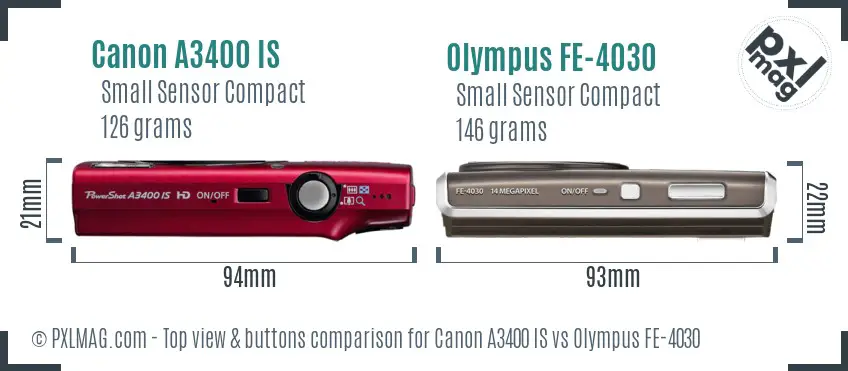 Canon A3400 IS vs Olympus FE-4030 top view buttons comparison