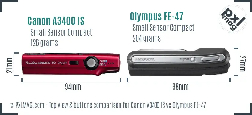Canon A3400 IS vs Olympus FE-47 top view buttons comparison
