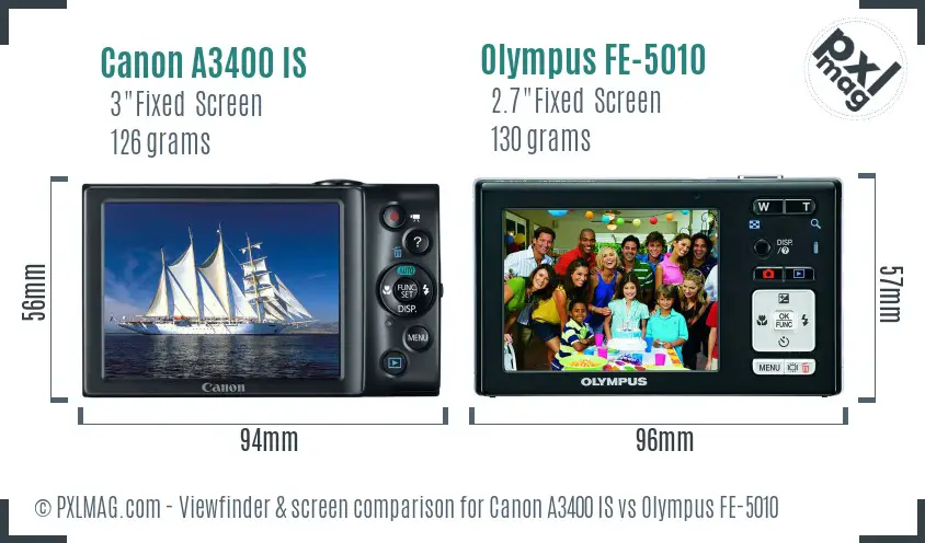 Canon A3400 IS vs Olympus FE-5010 Screen and Viewfinder comparison