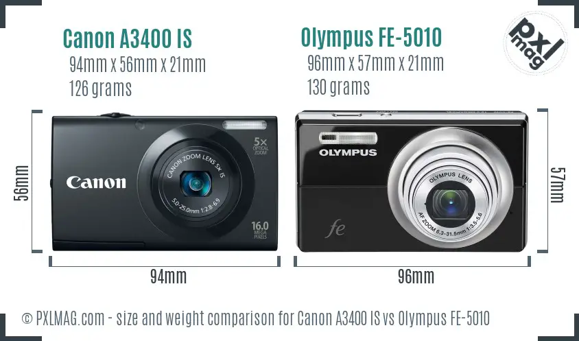 Canon A3400 IS vs Olympus FE-5010 size comparison