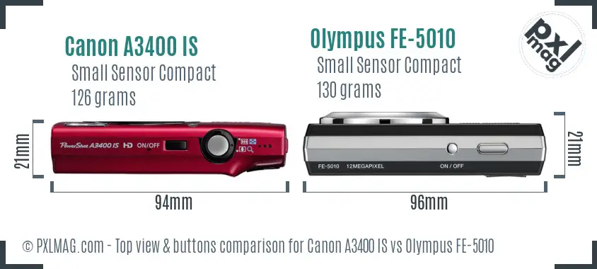 Canon A3400 IS vs Olympus FE-5010 top view buttons comparison