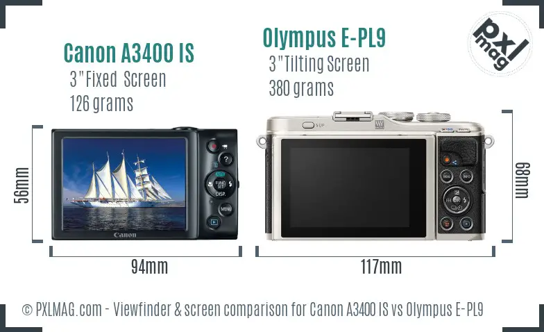 Canon A3400 IS vs Olympus E-PL9 Screen and Viewfinder comparison