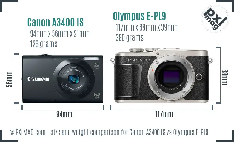 Canon A3400 IS vs Olympus E-PL9 size comparison