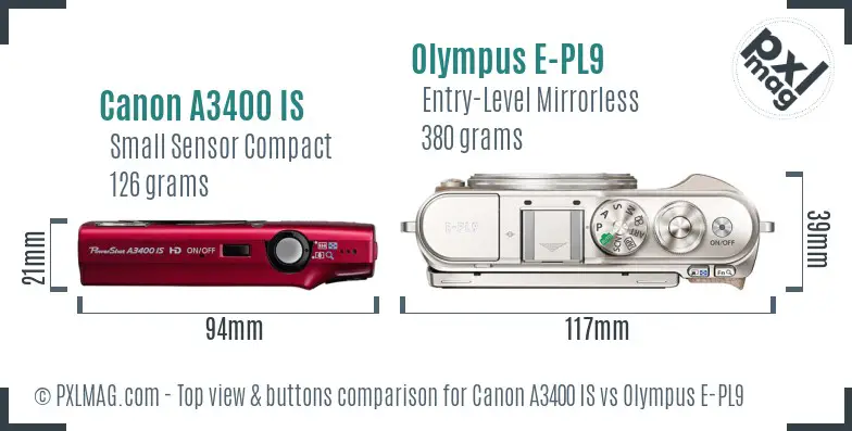 Canon A3400 IS vs Olympus E-PL9 top view buttons comparison