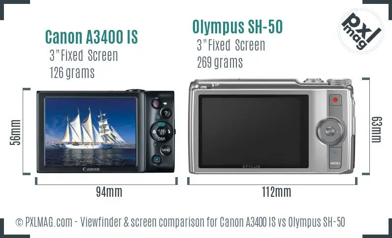 Canon A3400 IS vs Olympus SH-50 Screen and Viewfinder comparison