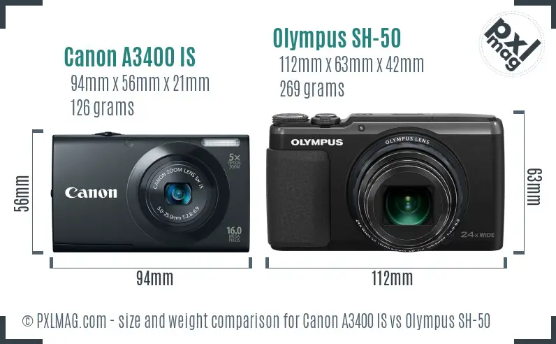 Canon A3400 IS vs Olympus SH-50 size comparison