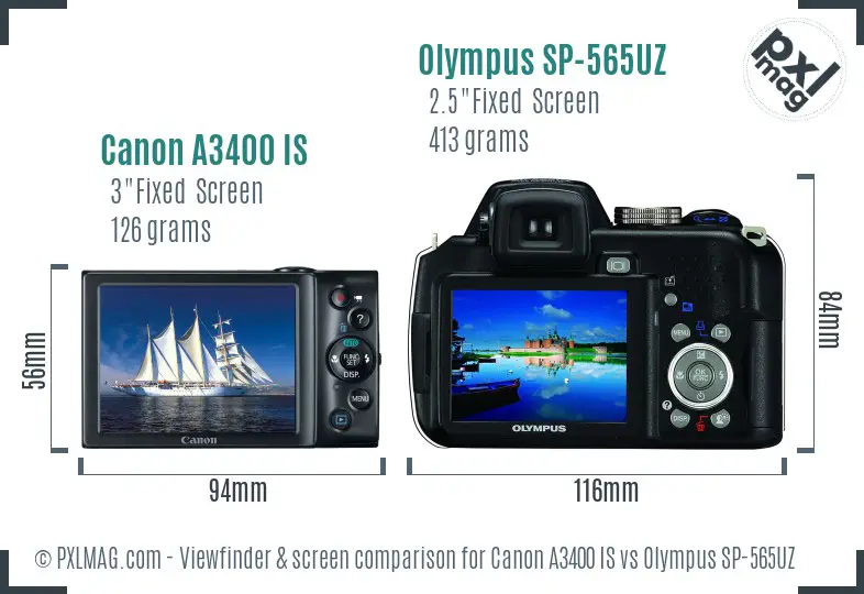 Canon A3400 IS vs Olympus SP-565UZ Screen and Viewfinder comparison Canon A3400 IS vs Olympus SP-565UZ Screen and Viewfinder comparison