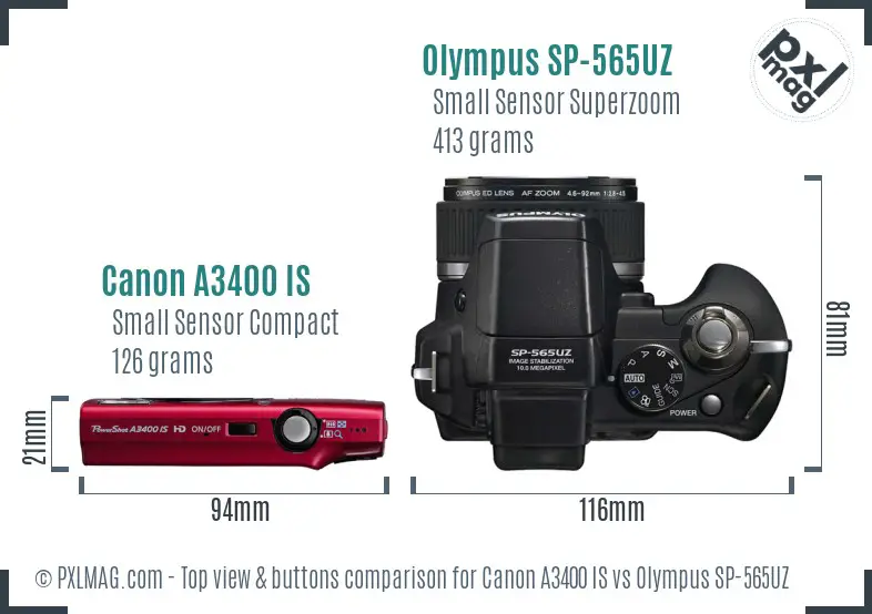 Canon A3400 IS vs Olympus SP-565UZ top view buttons comparison Canon A3400 IS vs Olympus SP-565UZ top view buttons comparison