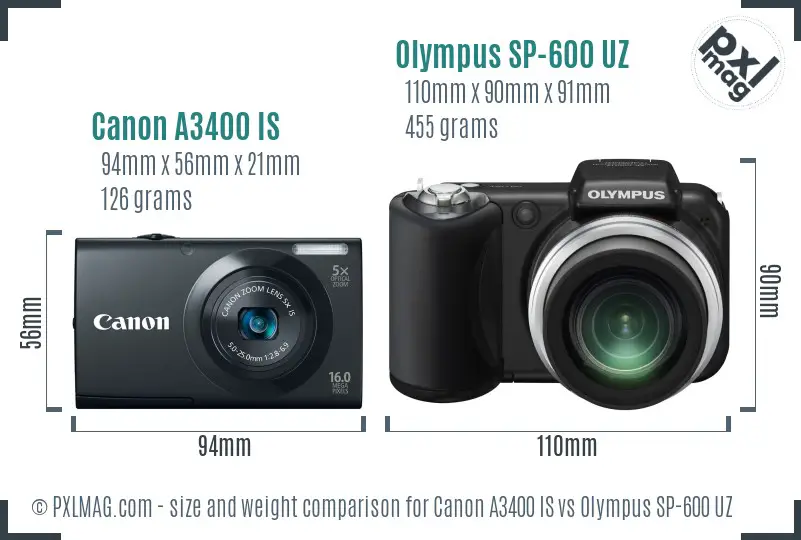 Canon A3400 IS vs Olympus SP-600 UZ size comparison