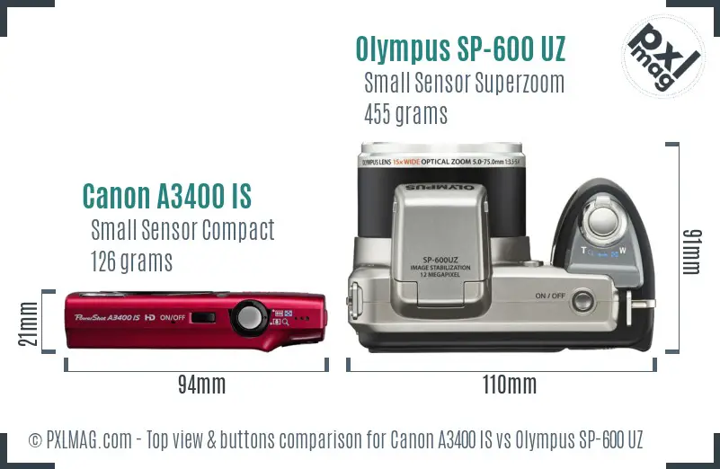 Canon A3400 IS vs Olympus SP-600 UZ top view buttons comparison