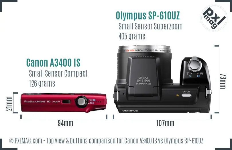 Canon A3400 IS vs Olympus SP-610UZ top view buttons comparison