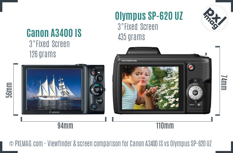 Canon A3400 IS vs Olympus SP-620 UZ Screen and Viewfinder comparison