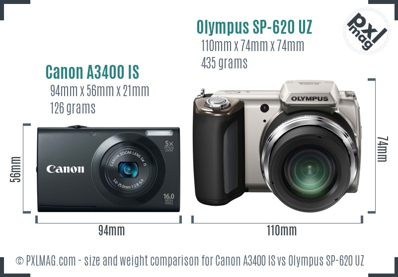 Canon A3400 IS vs Olympus SP-620 UZ size comparison