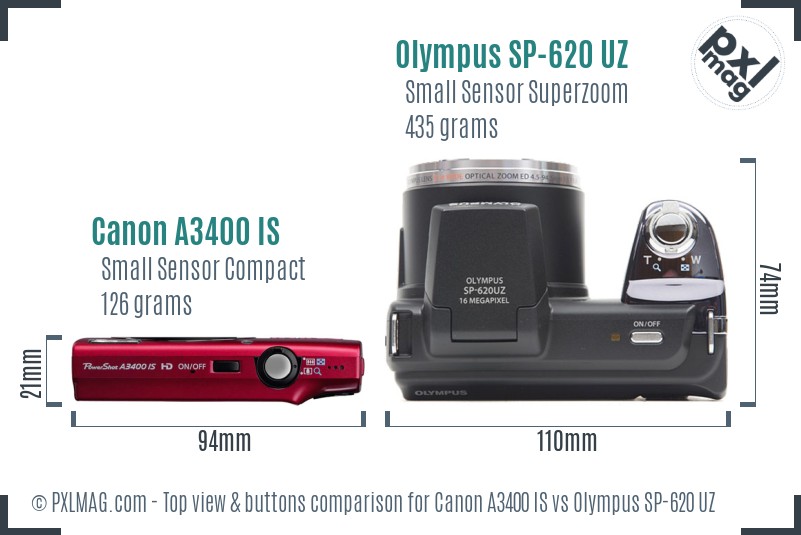 Canon A3400 IS vs Olympus SP-620 UZ top view buttons comparison