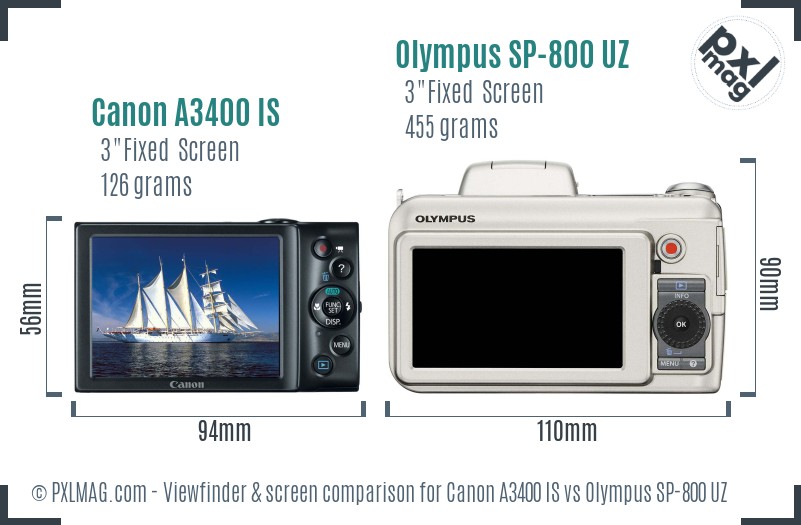 Canon A3400 IS vs Olympus SP-800 UZ Screen and Viewfinder comparison